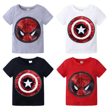 

Summer T-Shirt Boys Superhero Sequin Reversible Tops Tees Kids Spiderman Face-changing Captain America T Shirt Children Clothes