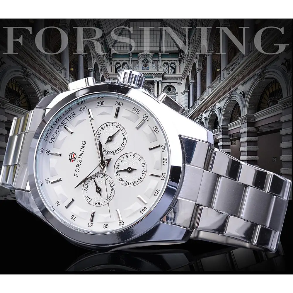 Forsining Silver White Male Mechanical Watch 3 Sub Dial Luminous Hands Date Stainless Steel Band Man Business Sport Montre Homme