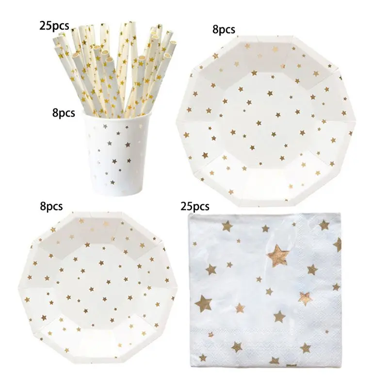 

69pcs Ten - sided Hot stamping star style Disposable Dinnerware Set Service for 8 Guest Holiday Christmas party 72XF