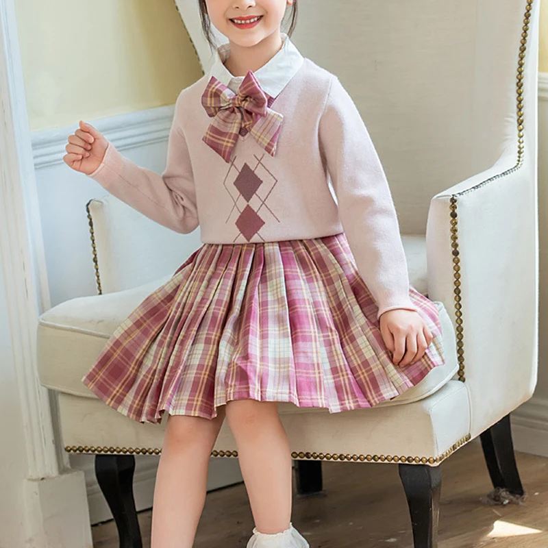 儿童学院风制服套装 秋冬女童可爱蝴蝶领结毛衣+百褶裙两件套 921_3