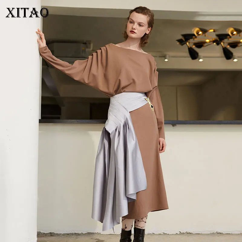

XITAO Pleated Waist Irregular Skirt Women Korea Fashion New Design Patchwork 2019 High Waist Casual Elegant Skirt WQR1284
