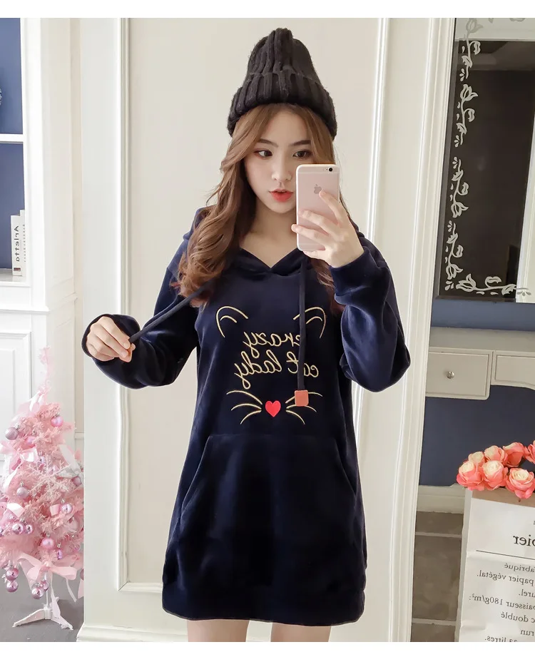 Kawaii толстовки женские свободные средней длины бархат толстый милый кот вышивка свитер женские осень зима с капюшоном пуловеры
