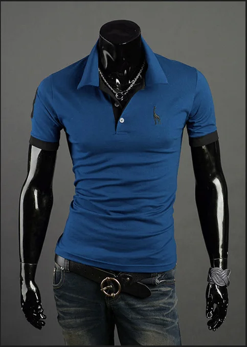 Denim Blue Мужская Однотонная рубашка поло с вышивкой оленя, деловая Повседневная Хлопковая мужская Тонкая рубашка поло с коротким рукавом, Размер 5XL - Цвет: Denim Blue
