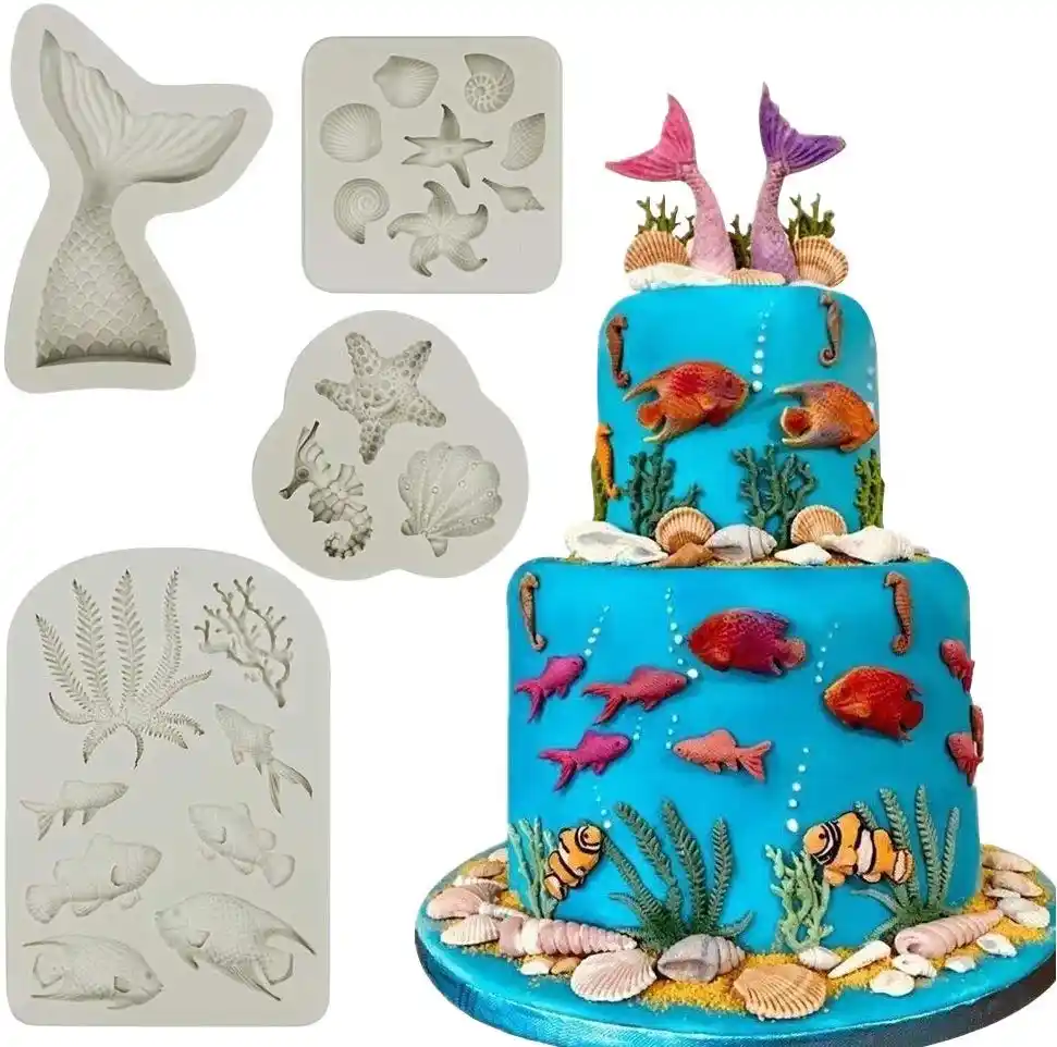 Moule A Gateau Theme Marin En Silicone Pour Fondant Algues Poisson Coquillage Queue De Sirene Pour Decoration De Gateaux Chocolat Bonbons Cupcakes Aliexpress