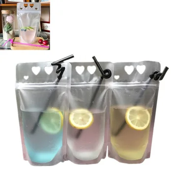 

50PCS Love Pattern Clear Drink Pouches Bags Heavy Duty Hand-held Translucent Reclosable Zipper Stand-up Plastic Pouches Bags Dri
