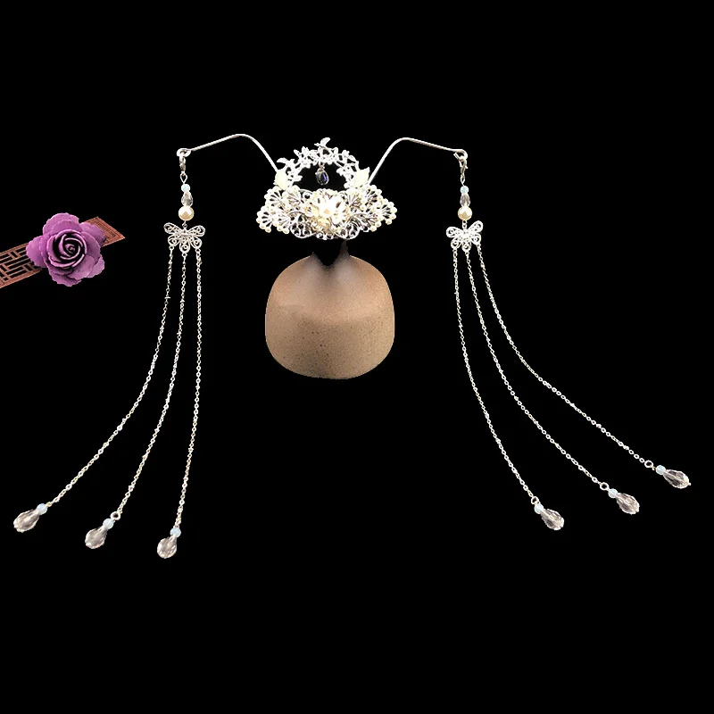 Silver Косплей Hanfu Дворцовая корона для волос Kanzashi длинные кисточки рыжие волосы аксессуар головной убор принцессы ручной работы антикварные украшения для волос - Цвет: Silver