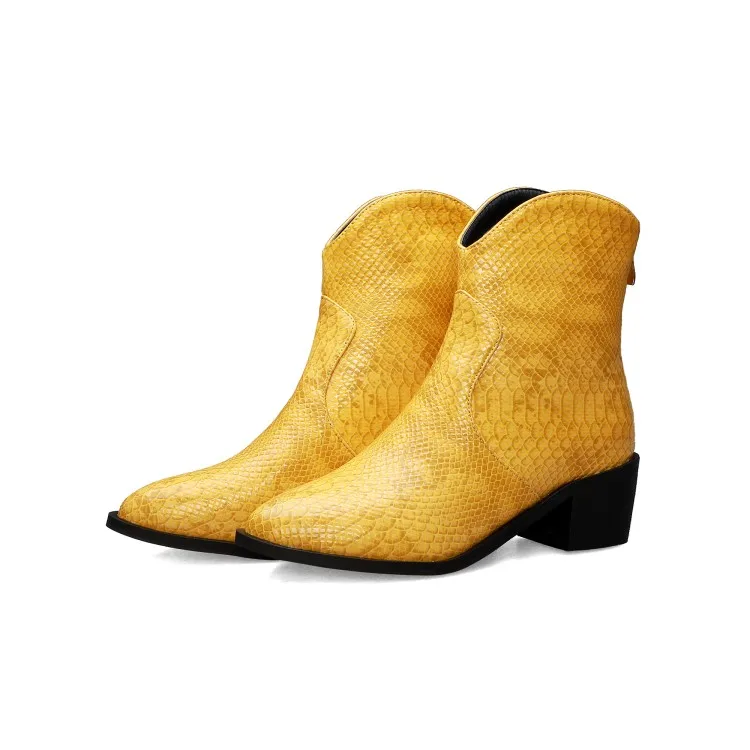 Winter Boots Women Pointed Toe Med Square Heel Zip Riding, Equestrian Snake Rome Black Gray Yellow Ankle Boots for Women Shoes - Цвет: Yellow
