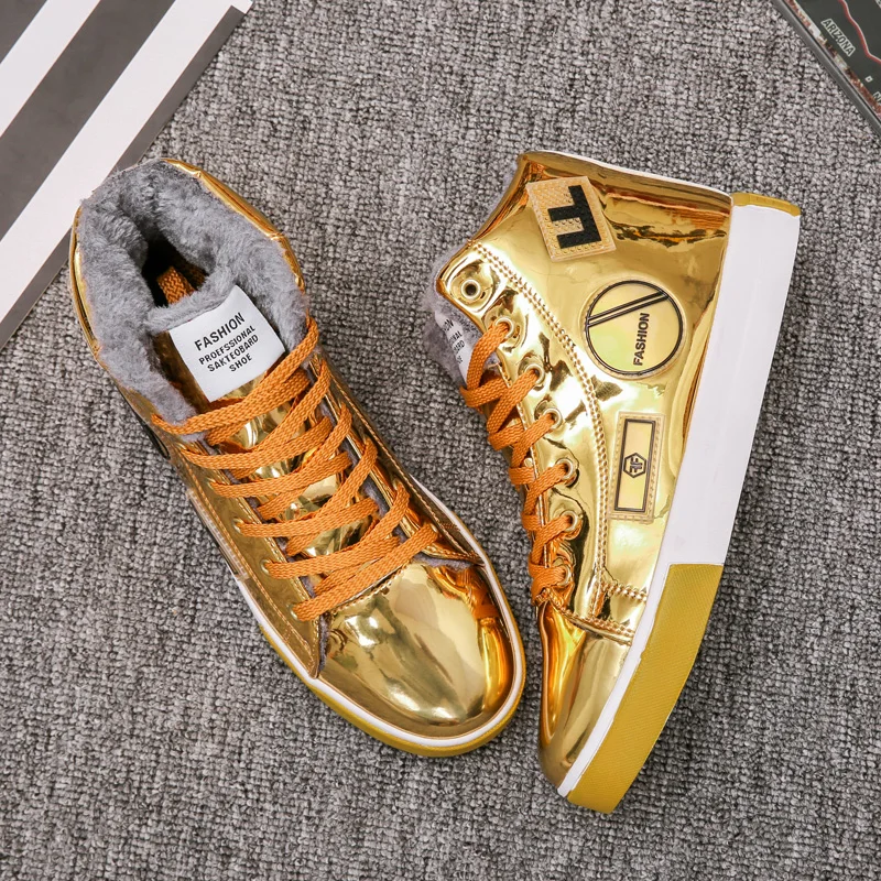 Winter Ankle boots Men Shoes luxury brand Fashion Leather Boots For Men Casual Waterproof Flat Male Shoes chunky Sneakers - Color: Golden Plus velvet