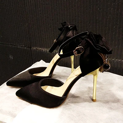 Black 10cm Heel Туфли-лодочки со стразами; женская свадебная обувь; черные туфли на высоком каблуке 10 см; туфли-лодочки на шпильке с бантом; модные пикантные атласные туфли-лодочки для невесты; Женская Весенняя обувь для вечеринок - Цвет: Black 10cm Heel