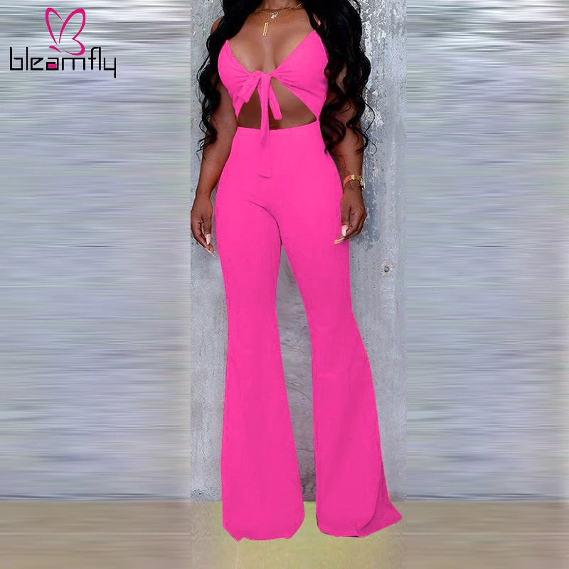 

Sexy Spaghetti Strap Bodycon Jumpsuits Women Cut Out Tie Up Long Rompers Summer Flare Pants Overalls Backless One Piece Outfits