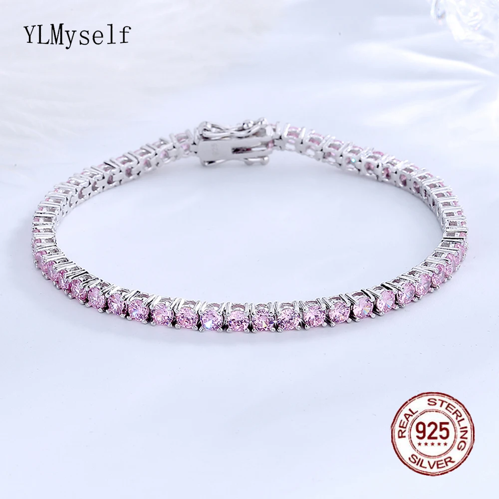 Real Solid 925 Silver Metal 15-21 cm Tennis Bracelet Pave Full 3 mm Round Pink Zircon Sweet Fine Jewelry For Women