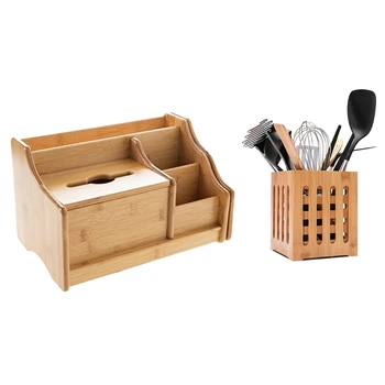 

Bamboo Desktop Storage Box Retractable Remote Control Storage & Square Wood Kitchenware Tube Chopsticks Box Container