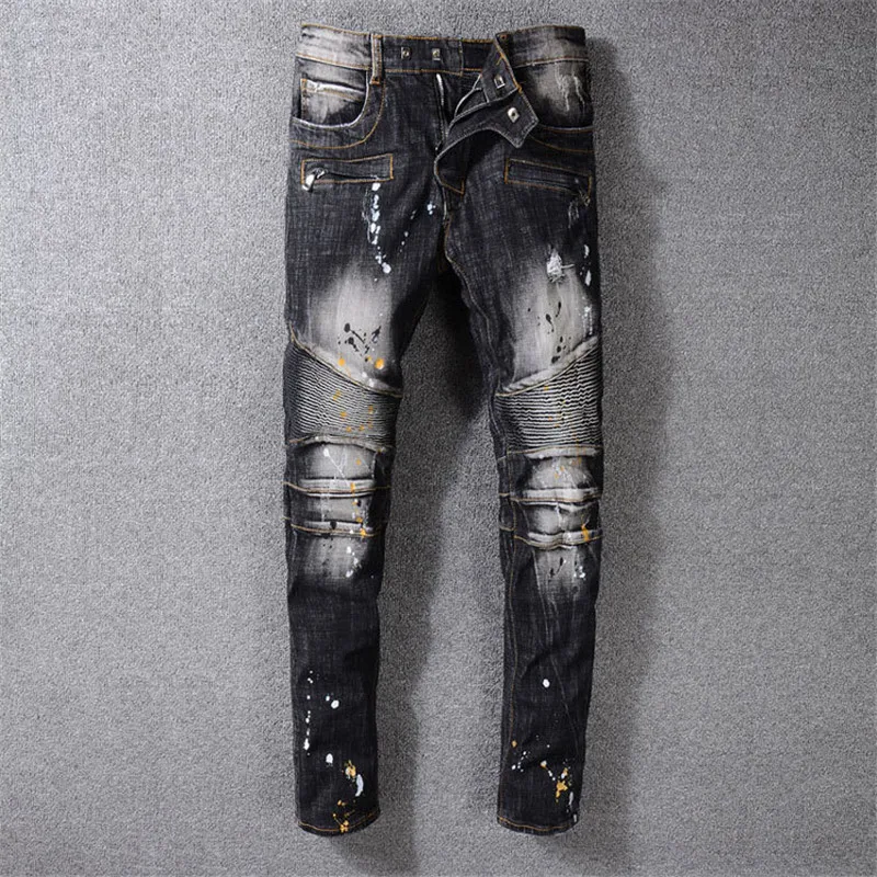 

2019 new brand Men's Moto Pants Ripped Oiled Washed Black Skinny Denim Biker Jeans Stretch Slim Trousers Size 29-42