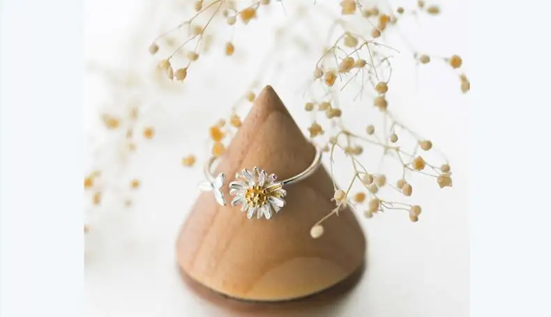 В Корейском стиле 925 пробы серебро ромашка цветок кольца для Для женщин Регулируемый Обручальное кольцо Модные украшения