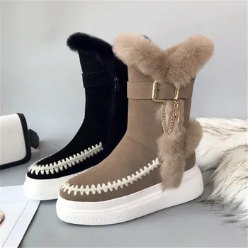 

Winter fur trim embellished snow boots female rabbit fur flat platform warm boots ankle long shoes women