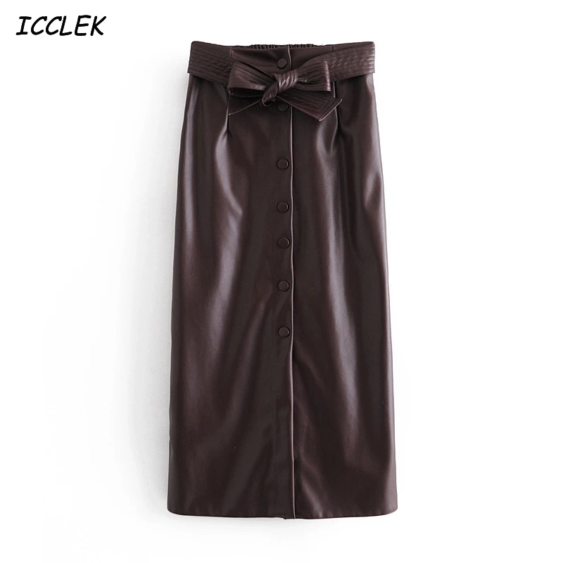 

Women's PU Shirt With Belt High Waist Skirt Female Sexy Midi Skirt Autumn 2020 Za Faux Leather Mujer faldas Winter Long Skirts