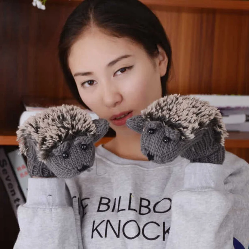 GLV0512DG Kawaii животные перчатки для девочек женские теплые Мультяшные Варежки «ежики» милые вязаные хлопковые зимние варежки - Цвет: GLV0512DG