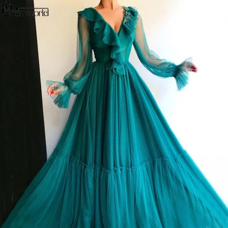Teal Abendkleider бирюзовые Длинные рукава мусульманские Вечерние платья длинный Тюль v-образный вырез кристалл Дубайский кафтан Формальное вечернее платье для выпускного вечера - Цвет: Teal