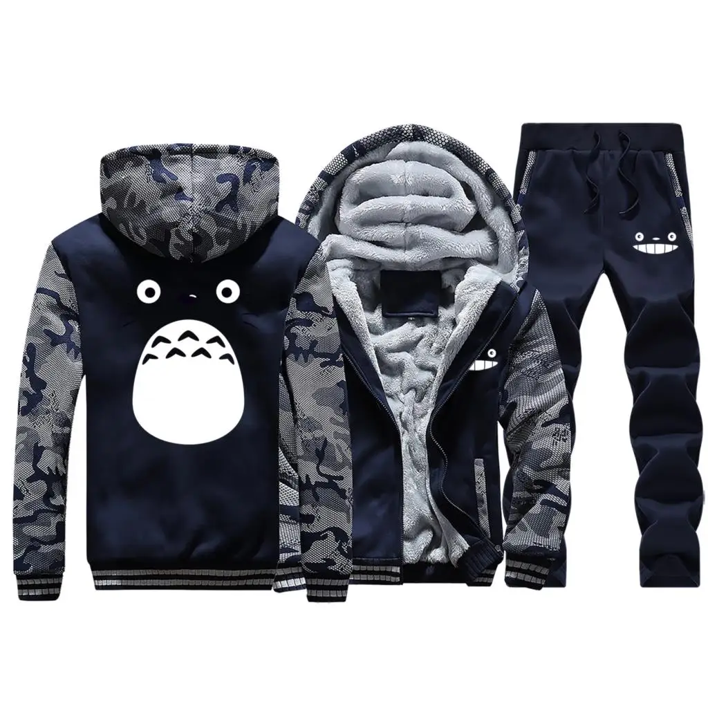 Dark Blue Хаяо Миядзаки мультфильм Унесенные призраками Тоторо для мужчин толстые толстовки теплый костюм куртка+ брюки 2 шт. наборы Studio Ghibli мужчин s Толстовка - Цвет: Dark Blue
