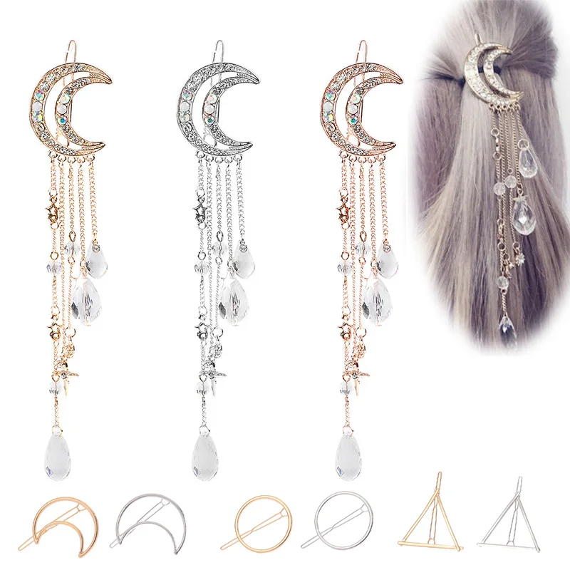 Hair Clips Fashion Hairpin Moon Rhinestone Crystal Pendant Tassel Dangle Jewelry Hair Pins clip for Women Girls Hair Accessories