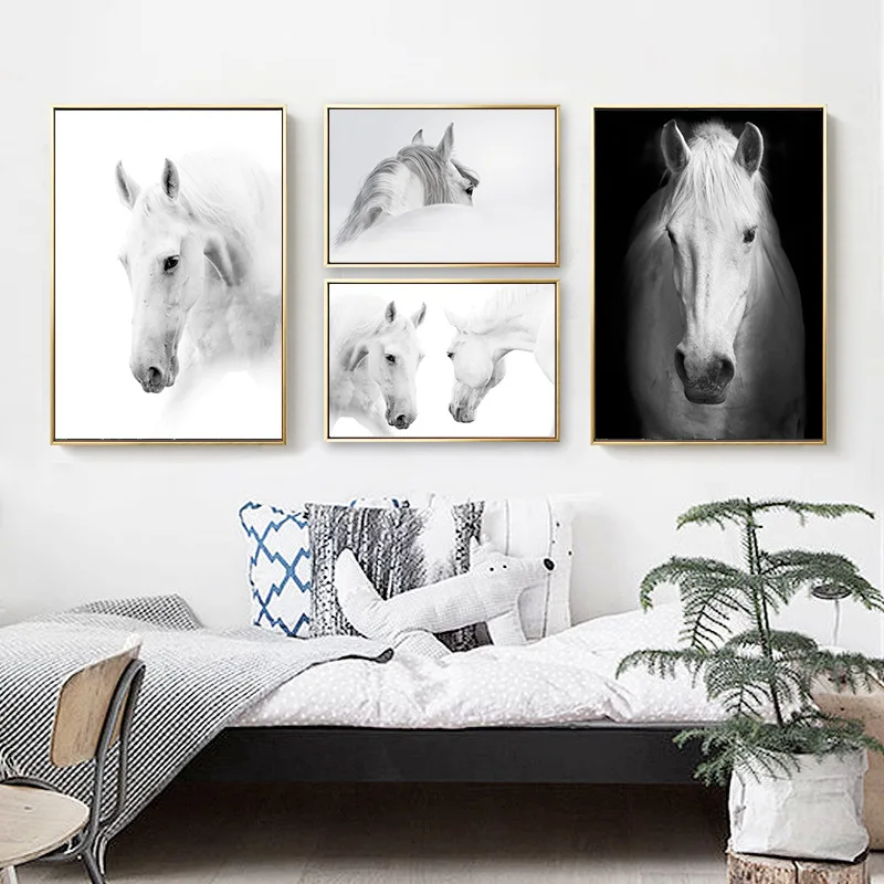 Скандинавская Геометрическая лошадь холст художественные плакаты черно белые
