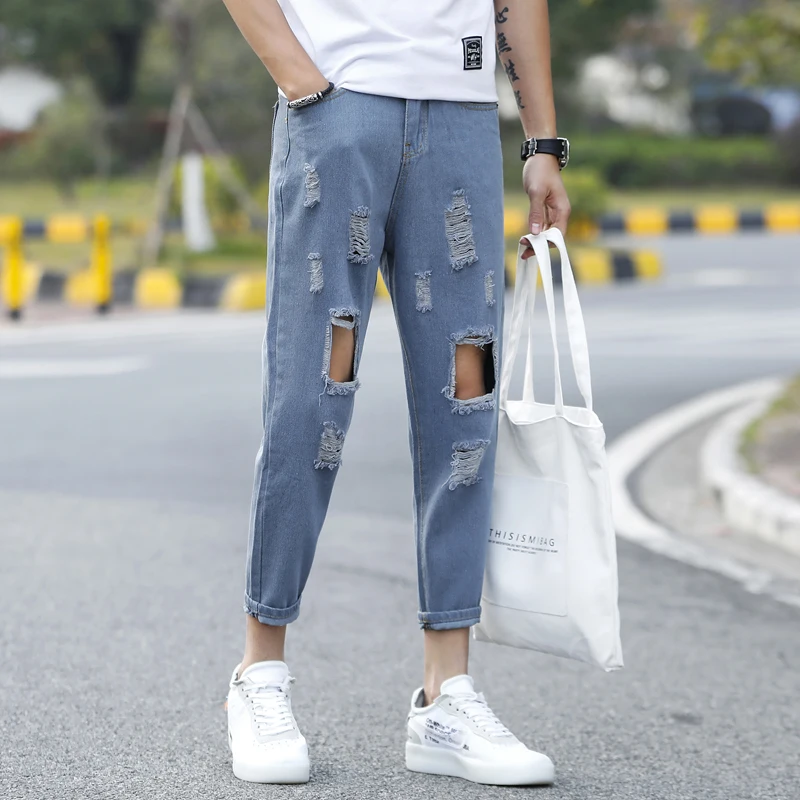 Summer Pop Big Hole Jeans Men Fashion Beggar Style Ankle Length Pants Men Loose Casual Slim Denim Cloth Pencil Pants