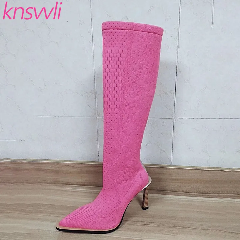 pink Вязаные сапоги до колена; женская обувь для вечеринок с острым носком; Стрейчевые сапоги на необычном высоком каблуке; Носки ярких цветов; Zapatos De Mujer - Цвет: pink