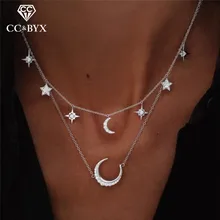 CC ожерелья из нержавеющей стали, двухслойные подвески для женщин, минимализм в форме Луны, простое ювелирное изделие, полностью из стразов, модный подарок YH10