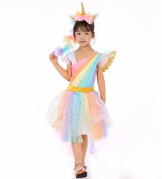 

Unicorn princess dress pony children show COS clothing stage performance Polaroid rainbow dress headband set
