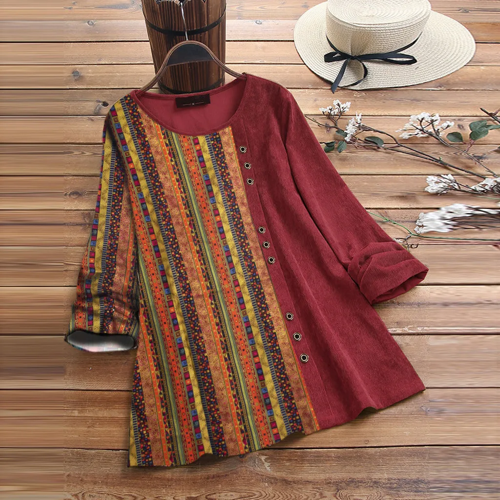 Женские топы и блузки boho S-5XL для женщин вельвет Принт пэчворк длинный рукав Винтаж размера плюс Топ рубашка блузка#3