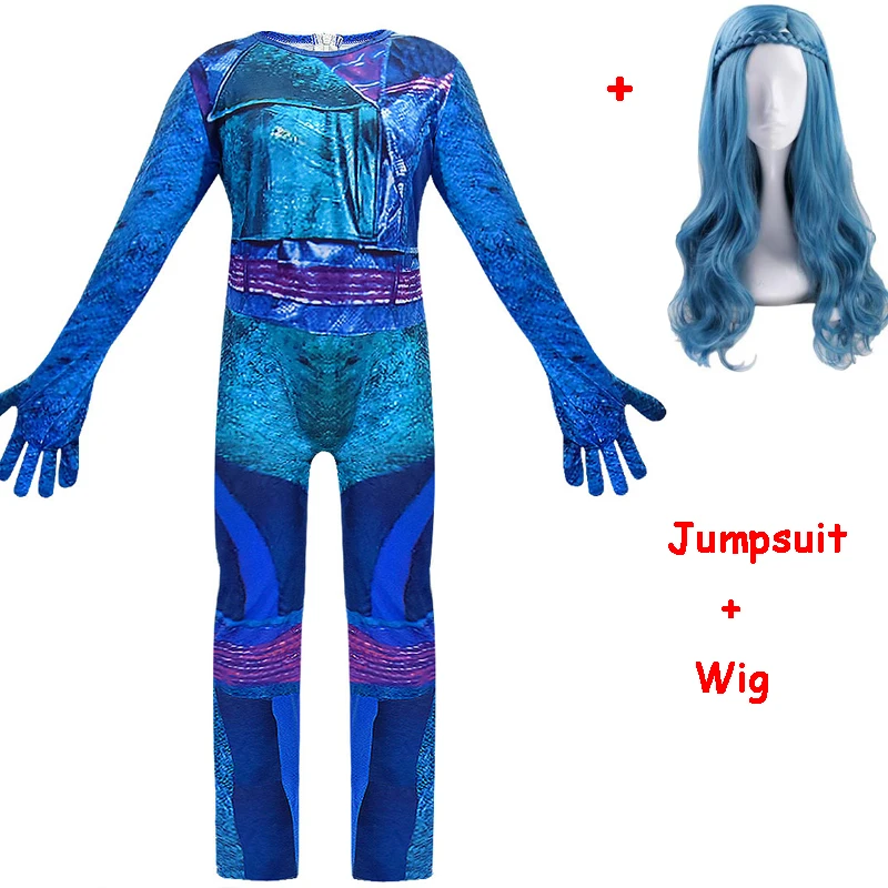 855 wig blue Костюм на Хэллоуин для детей Evie Anilnc потомки 3 костюм для девочки для маскарада с париком+ перчатки Детский карнавальный праздничный комбинезон - Цвет: 855 wig blue