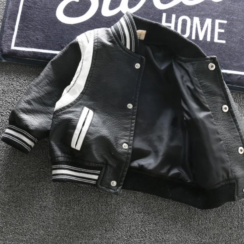 Fashion Baby Boy PU Leather Baseball Jacket Spring Autumn Toddler Kids Thick Faux Leather Coat Sport Outwear Clothes 1-7Y