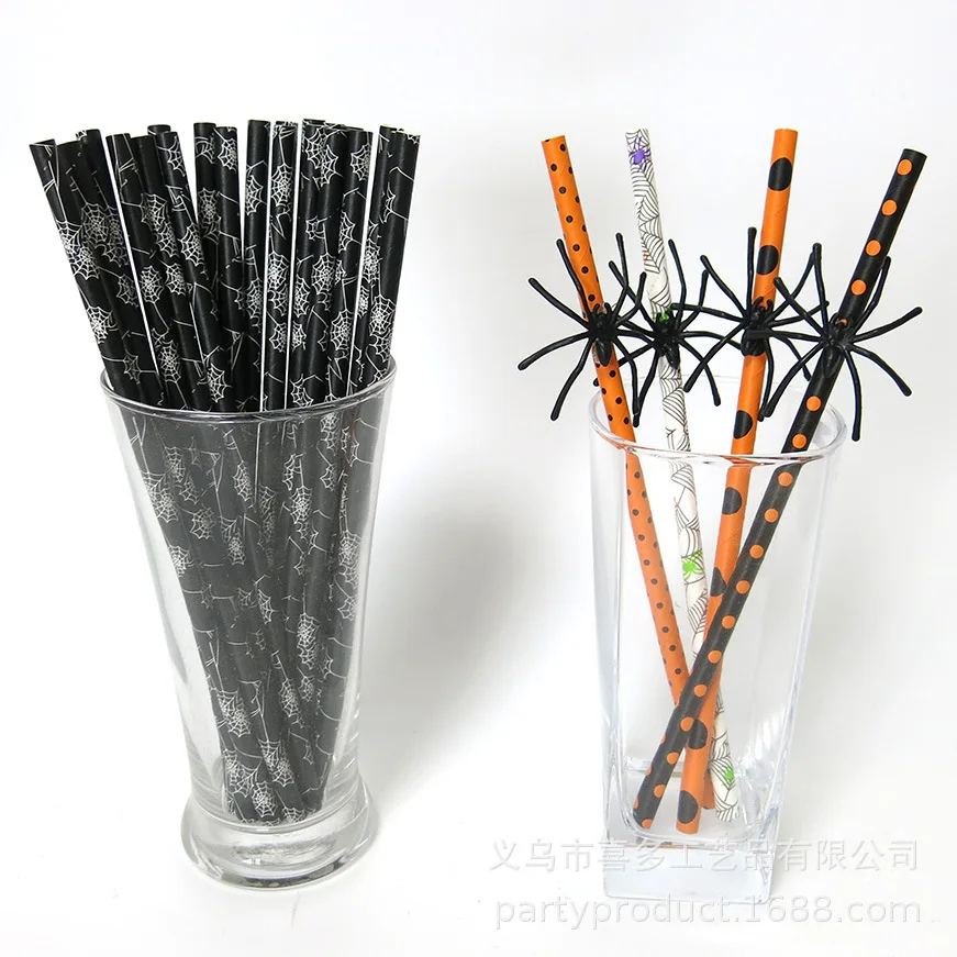 

Halloween Color Spider Dotted Paper Sucker Environmentally Friendly Paper Orange Black And White with Pattern Party Beverage Dec