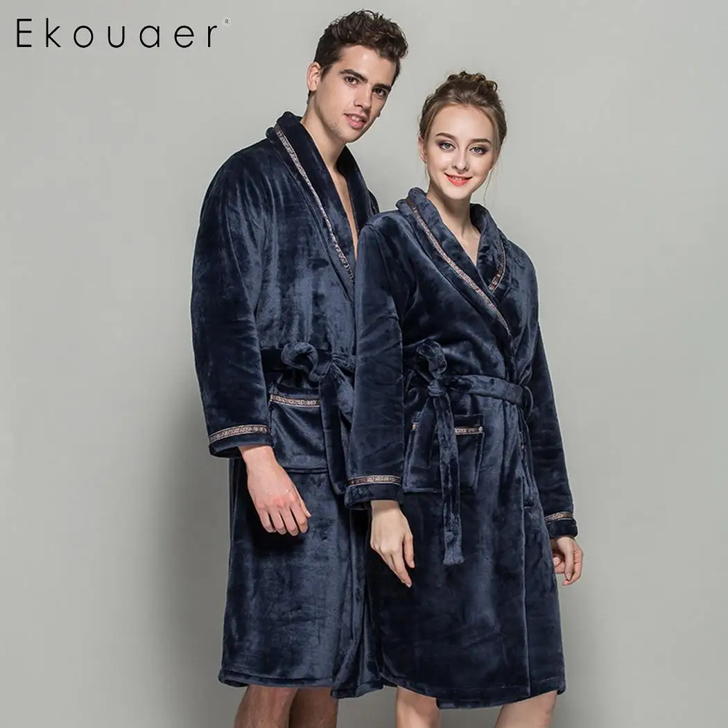 Ekouaer мужской Халат Для мужчин Для женщин пижамы отложной воротник одежда с длинными рукавами, карманами и поясом Ночная рубашка халаты Ванная комната Халат