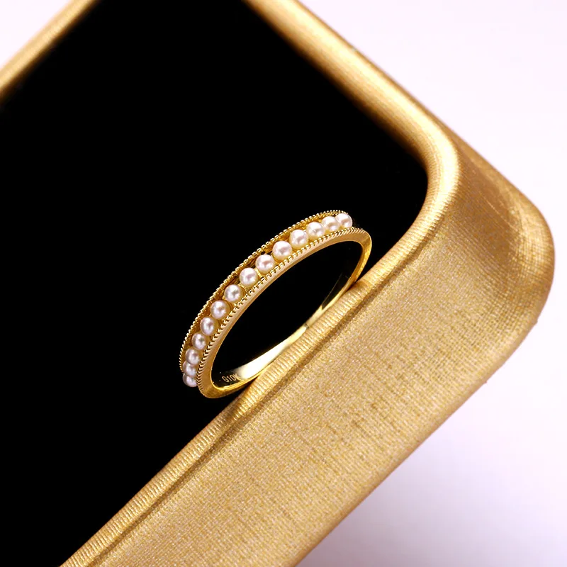

UBESTNICE Real 9K Yellow Gold Natural Freshwater Peals Channel Setting Trendy Simple Thin Rings Fine Jewelry For Women All-match