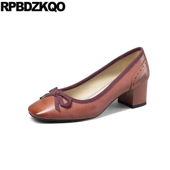 

pumps wine red bow ladies mid heels shoes slip on chunky square toe block luxury size 4 34 2019 thick medium genuine leather