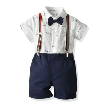 

Gentleman Clothes for Children Boy Summer Soft Cotton Short Sleeve Shirt Pants 2pcs Party Outfits Clothing Baby Boy Set with Tie