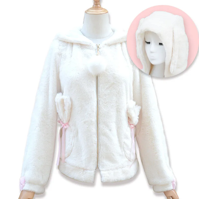 Rabbit Ears Coat Бархатное пальто с капюшоном в стиле «Лолита»; милая куртка Kawali для девочек; зимний теплый милый свитер из плюша и флиса с заячьими ушками; белая толстовка с капюшоном в японском стиле - Цвет: Rabbit Ears Coat