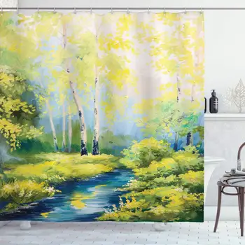 

Country Shower Curtain, Pastoral Paint of a Forest in The Spring Time with Fresh Colored Leaves Trees Art, Cloth Fabric Bathroom