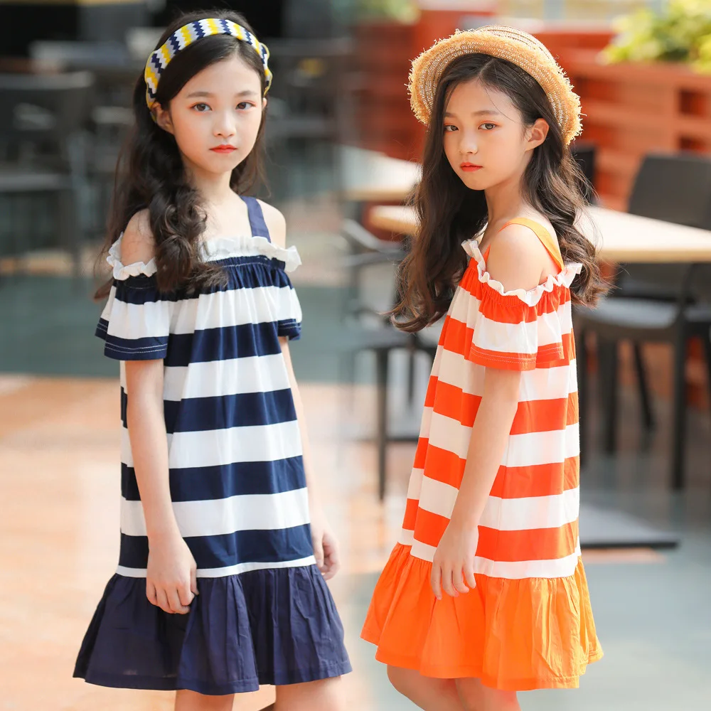 

Foreign Trade Girls Dress Korean-style Stripes Exposed Shoulder Strapped Dress 2019 Summer New Style Pure Cotton Girls' Princess