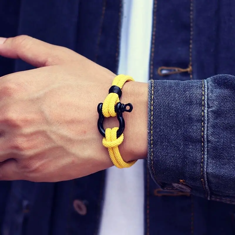 Stainless Steel Mens Rope Bracelet with U Shaped Buckle