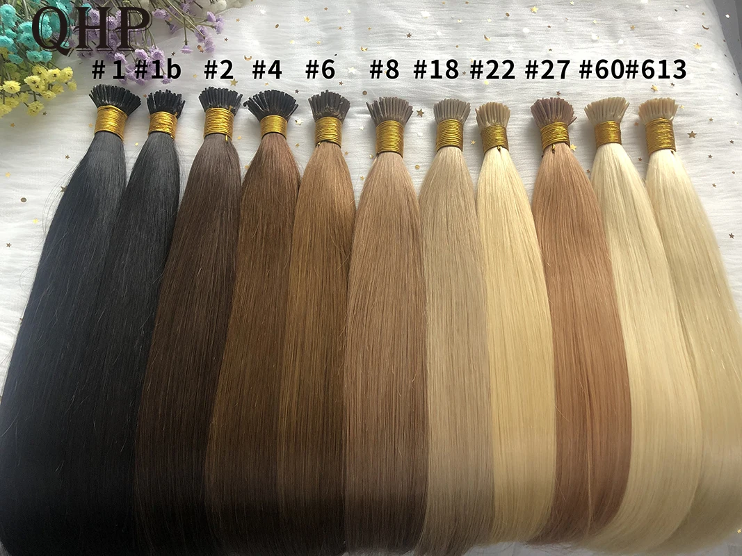 QHP I Tip Original Human Natural Hair Extensions Raw Virgin Human Hair Keratin Capsules Brazil Straight Blonde Color 50pcs/Set