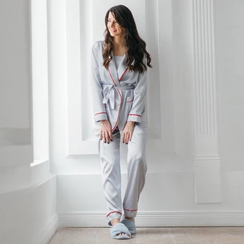 

HiLoc Silver Winter Pajamas 3 Pcs Home Suit Women Sets With Sashes Satin Sleepwear Contrast Stripe Pockets Robe Sets Loungewear