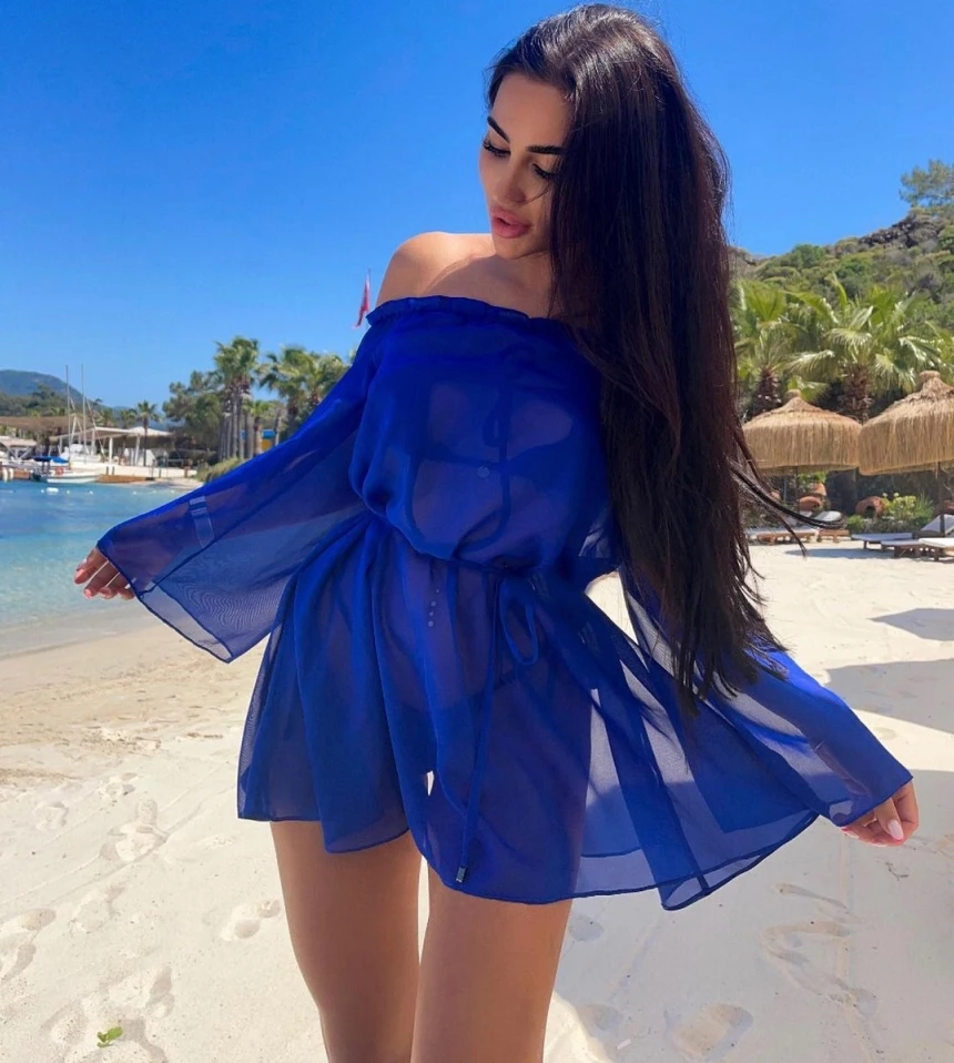 Yiiciovy Summer Sexy Women's Solid Color Bikini Cover-Ups Beach Femme Ruffles Long Sleeeve Mini Dress Beachwear Tulle Cover Ups