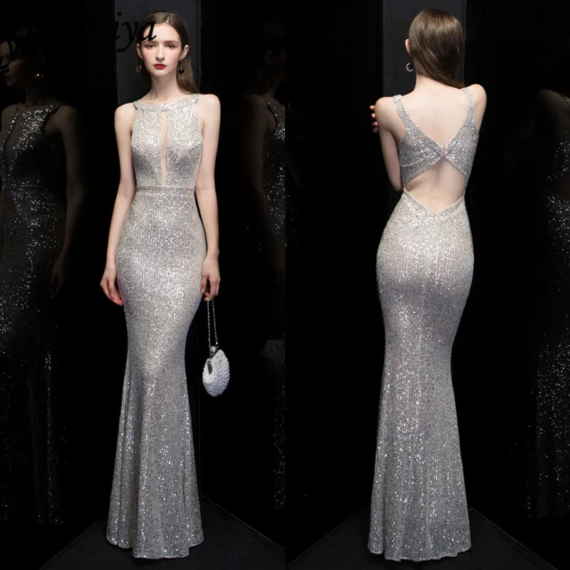 

It's YiiYa Evening Dress Sleeveless Sequined Solid Formal Dress Women Elegant Mermaid Halter Collar Robe De Soiree K099