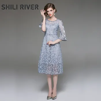 

New spring summer midi dress for women a line half sleeve slim casual elegant girl cute floral embroidery blue O neck lace dress