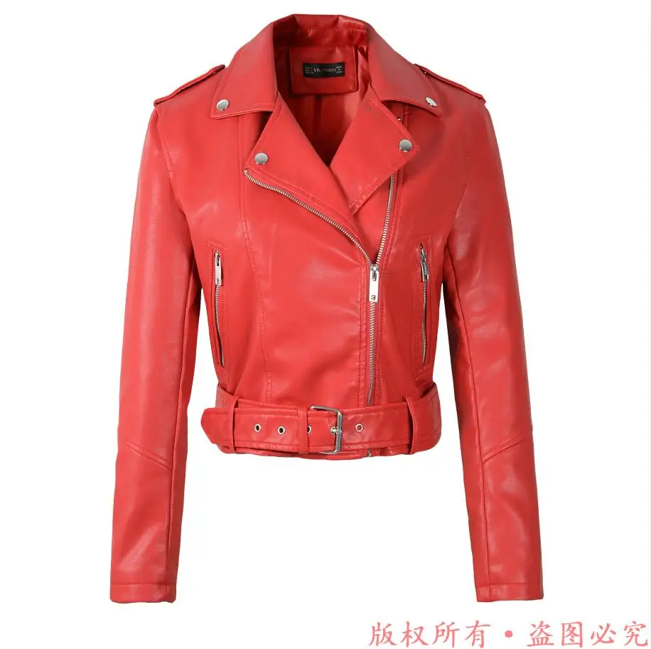 Y8828 Red Горячая новинка Модные женские Мотоциклетные Куртки из искусственной кожи женские осенние короткие пальто на молнии с погоном Горячая черная белая Розовая Желтая верхняя одежда - Цвет: Y8828 Red