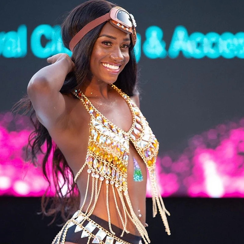 

Elegant Luxurious Rhinestone Body Tassel Chain Women Body Harness Belt Bra Hanging Neck Hollow Crystal Suspenders Festival Rave