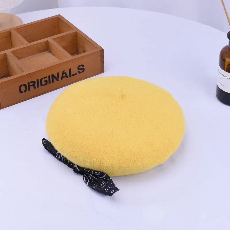 yellow Милые береты, шапки для детей, зима-осень, шапка в стиле художника, шерстяные береты с большим бантом, яркие вязаные шапки для девочек и мальчиков, теплые шапочки для прогулок - Цвет: yellow