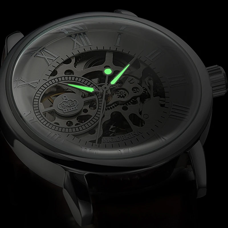 Мужские часы MG ORKINA механические наручные с кожаным ремешком серебристые